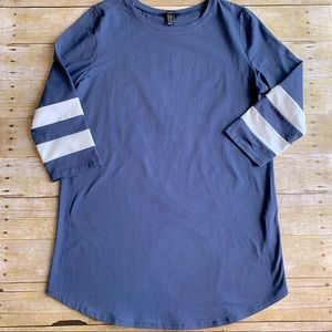 Forever 21 Blue Varsity Shift Dress with White Striped Sleeves